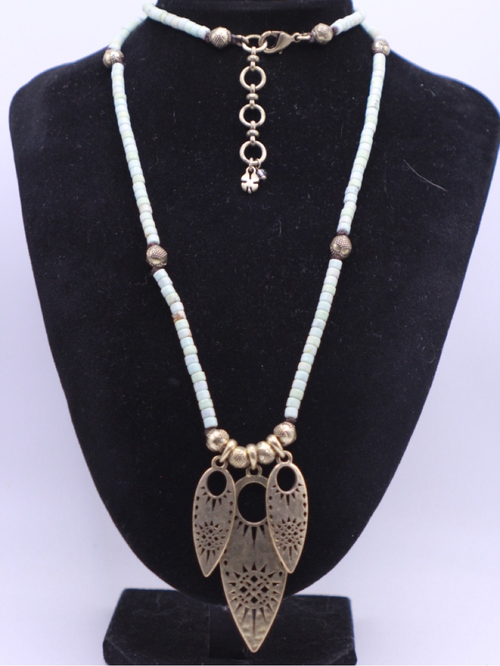 Lucky Brand Mint turquoise tone Bead Necklace with Antique Gold Pendants 28”